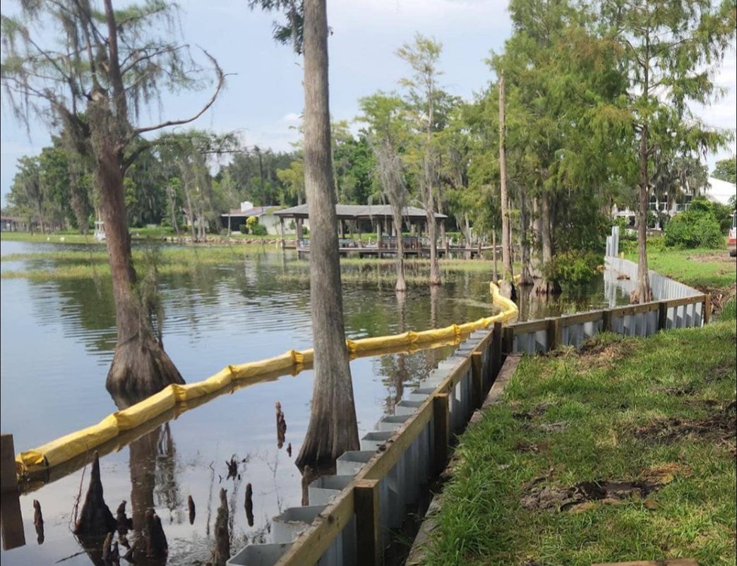 Residential dock along canal with palm trees