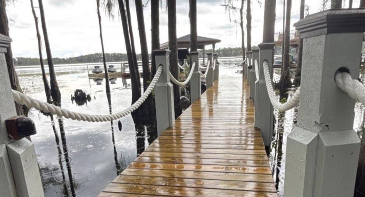 Wooden boardwalk over marshy shoreline